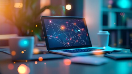 Laptop with data visualization on screen in a home office setting.