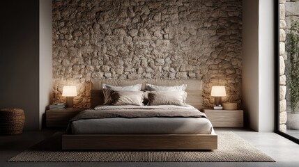 The image shows a chic bedroom with a rustic stone wall and modern wooden furniture, combining natural textures for a cozy yet contemporary interior aesthetic.