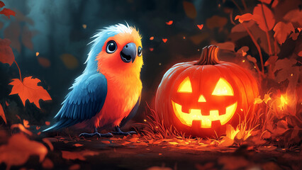 Fototapeta premium A cute parrot rests beside a Jack o Lantern