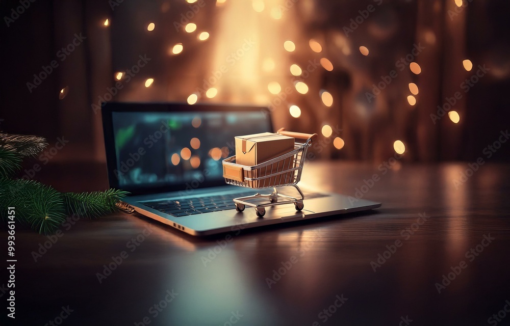 Poster A small shopping cart with a cardboard box rests on a laptop keyboard against a bokeh backdrop.