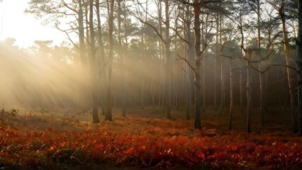 Obraz premium Sunlit forest with light rays in early morning, tranquil atmosphere, nature background