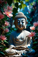 Obraz premium A serene Buddha Siddhartha Gautama statue adorned with colorful pink lotus flowers. Tranquil ethereal atmosphere Buddhist meditation sculpture. Spiritual enlightenment religion illustration.