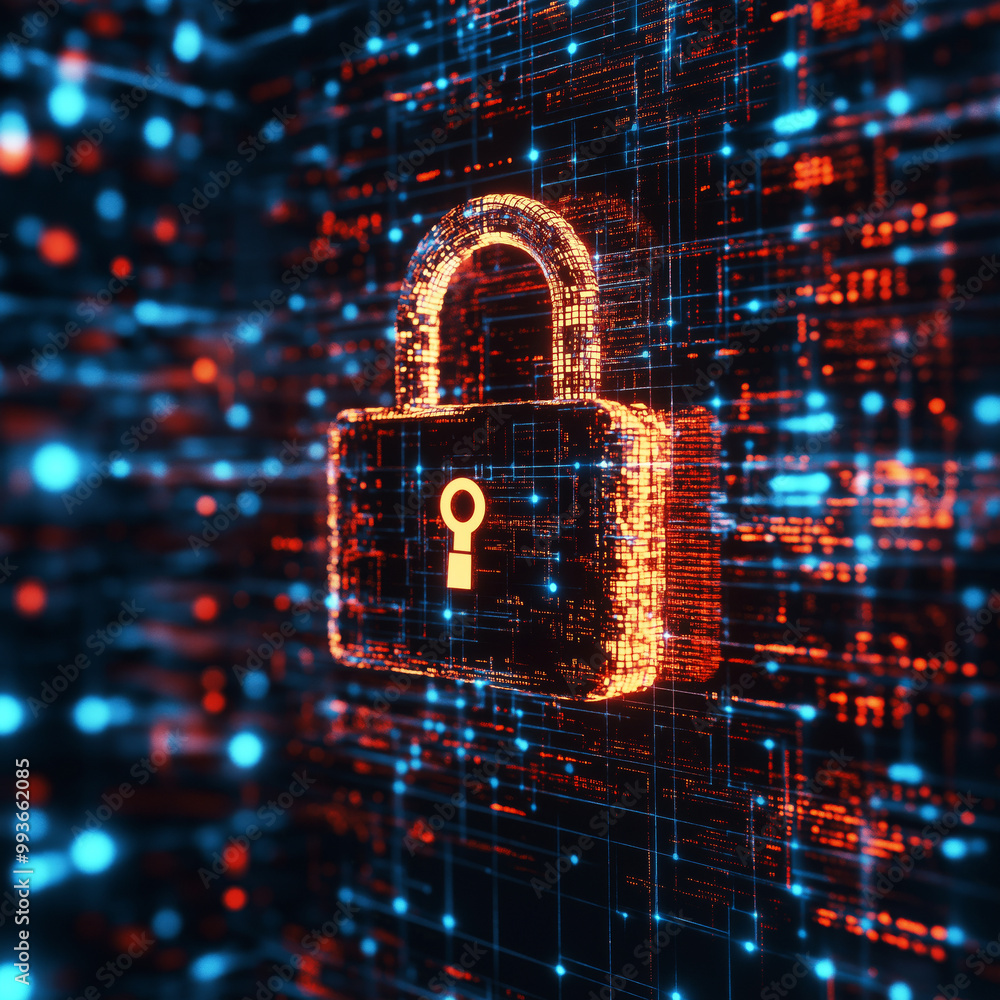 Aufkleber digital lock made of code, floating in the air against a backdrop of network schemes.