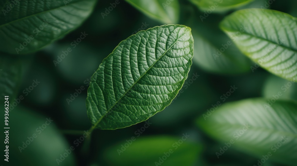 Poster a close-up photograph capturing the intricate texture and vibrant green color of a fresh leaf, highl