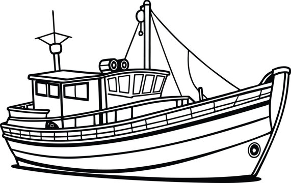 recommend clip art: Fishing boat line art silhouette vector illustration on white background.