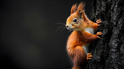 Obraz premium Red Squirrel Climbing a Tree with Copy Space