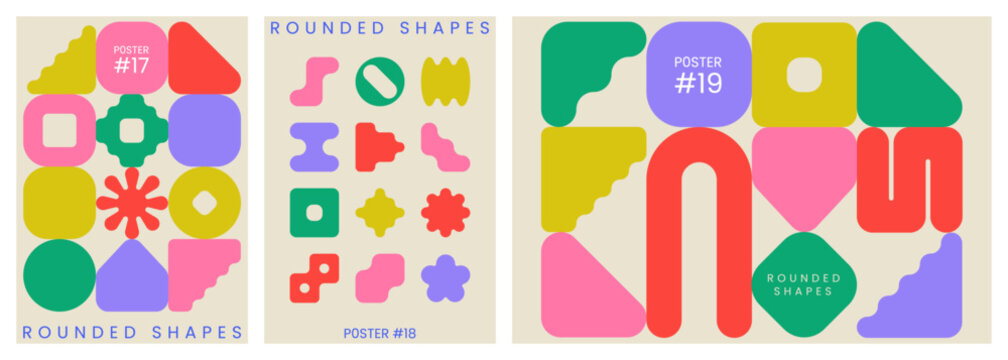 Abstract trendy geometric backgrounds. Geometric patterns with rounded shapes and symbols. Modern graphic design for banner, poster, cover, print, card or packaging. Flat vector illustration.