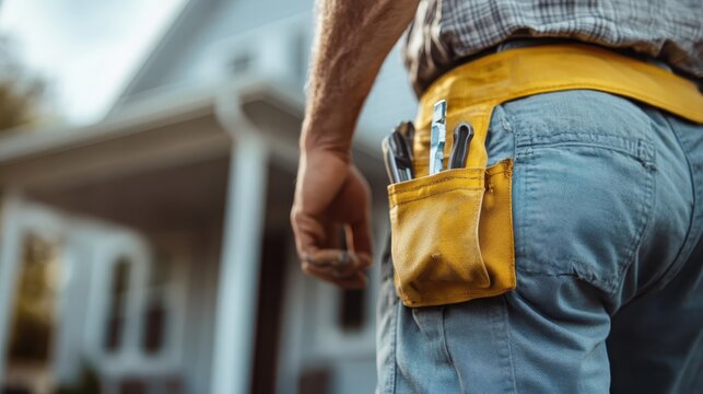 A detailed image focusing on a man's tool belt packed with various construction tools, underlining the essence of manual labor and dedication on a home construction site.