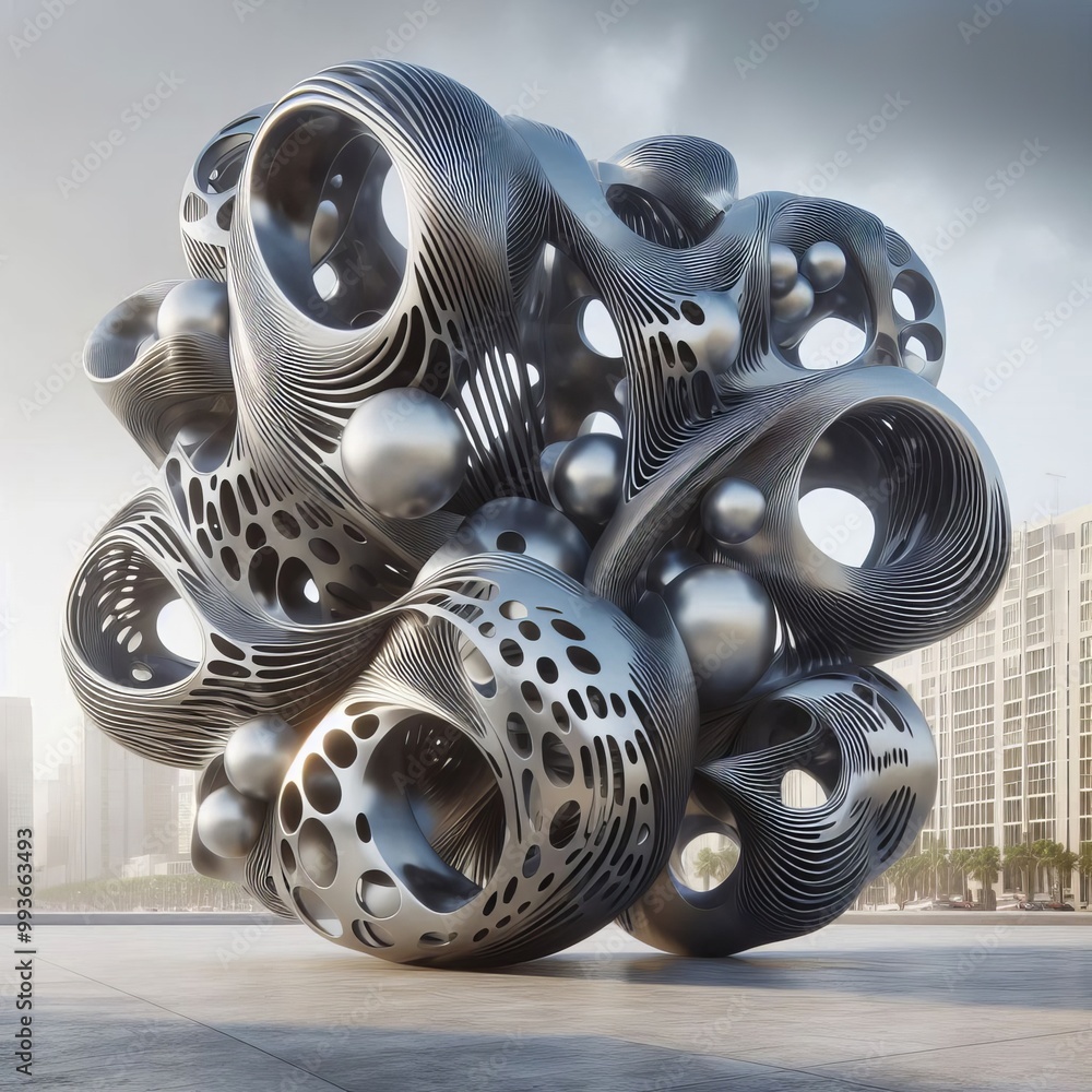 Poster a spherical metallic structure with perforations and smooth flowing curves stands prominently in a f