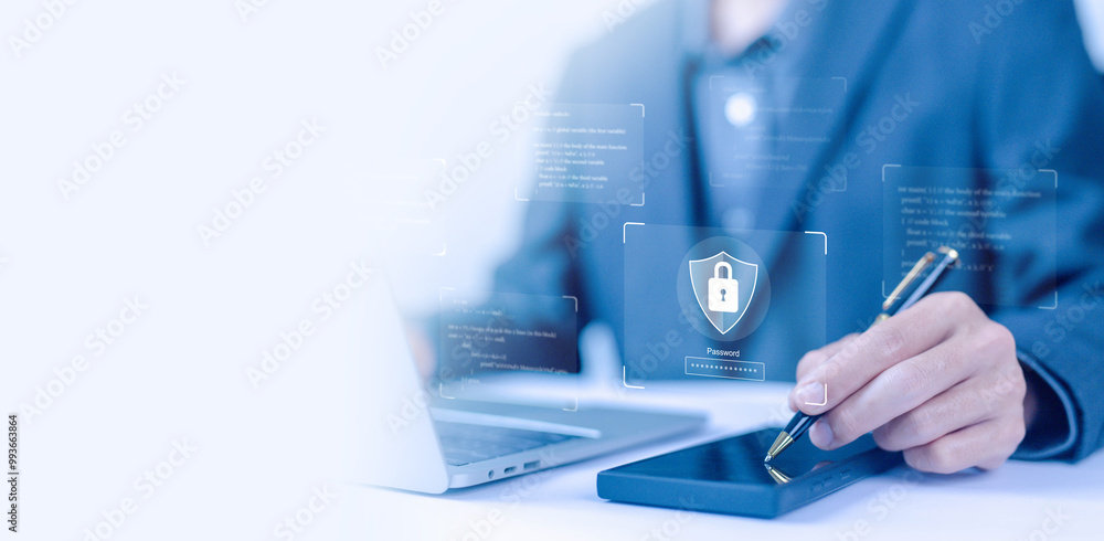 Poster cyber security system, safe digital information. cybersecurity concept, which is secure from attack 