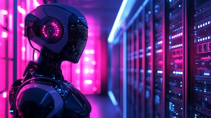 Robot Standing in Front of Data Center with Glowing Lights in Blue and Pink. AI generated illustration