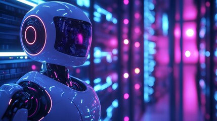 Robot Standing in Front of Data Center with Glowing Lights in Blue and Pink. AI generated illustration