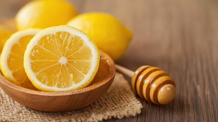 Sliced lemons in a wooden bowl with a honey dipper and ripe lemons in the background. This image highlights the natural and rustic combination of lemons and honey.