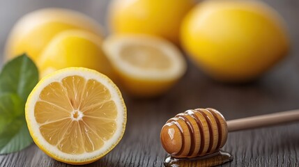 Close-up of a fresh lemon half with honey dripping from a dipper and whole lemons in the background on a wooden surface, epitomizing freshness and natural health benefits.