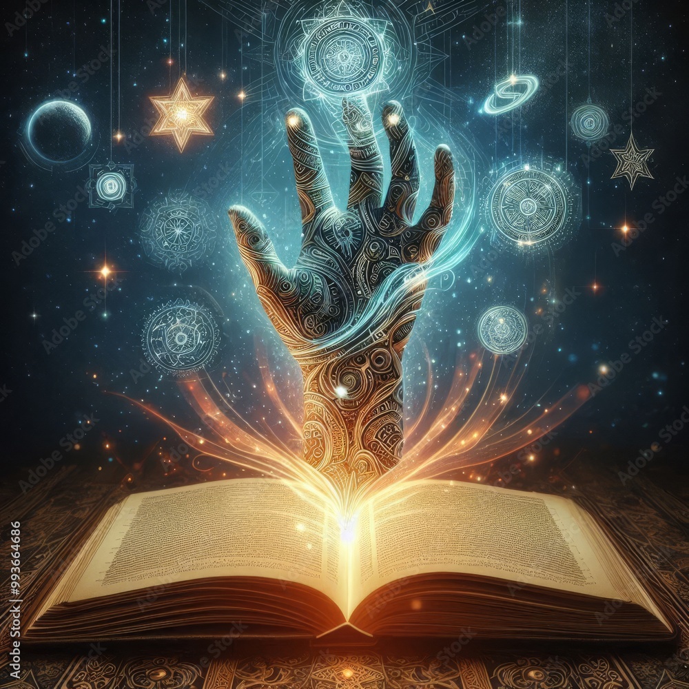 Poster an enchanting digital illustration of a hand covered in intricate patterns reaching up from an open 