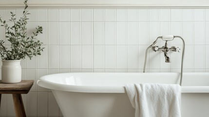 A serene bathroom featuring a pristine white clawfoot bathtub against a backdrop of smooth white tiles, enhanced by a decorative plant and wooden stool for a tranquil bathing experience.