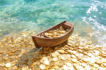 Obraz premium Aerial View of Wooden Ship Sailing on Ocean of Gold Coins