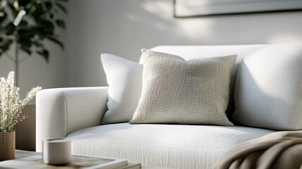 A chic setting with a beige cushion on a white sofa bathed in sunlight, complemented by greenery inside, producing a serene and stylish space ideal for relaxation.