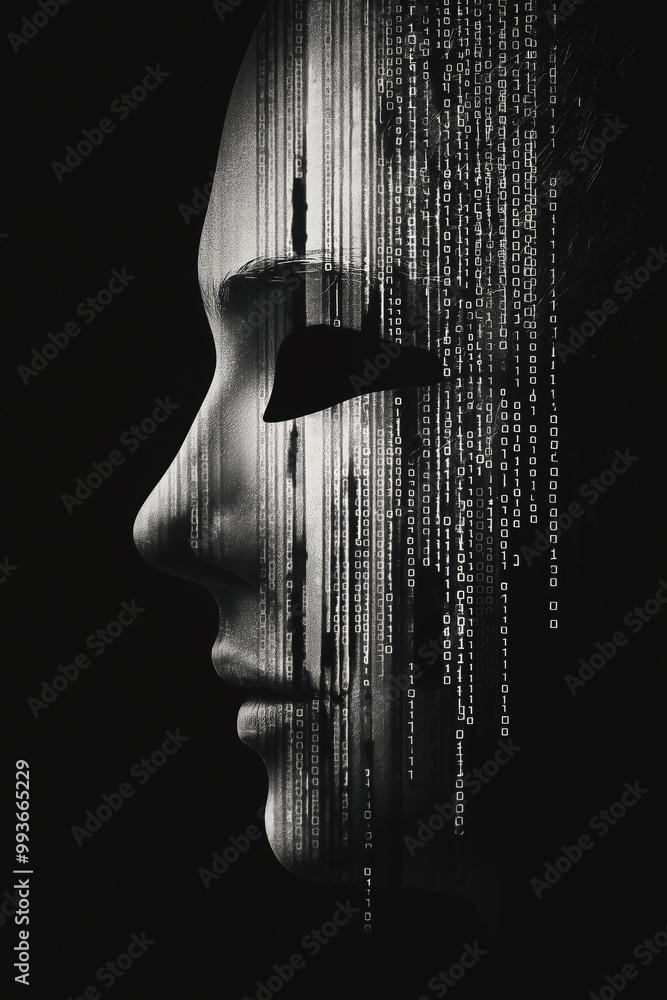 Poster face in a mask with binary code, minimalist style.