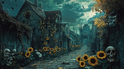 Obraz premium Realistic horror village with sunflowers blooming alongside skulls in the street, casting eerie shadows under a darkening sky