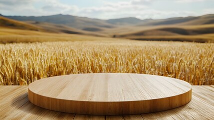 Empty wooden podium in front of a field of wheat.