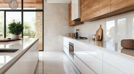 Fototapeta premium A spacious, minimalist kitchen featuring glossy white countertops, wooden accents, modern built-in appliances, and large windows providing natural light and opening to outdoor views.