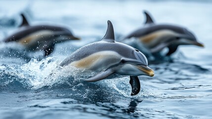Obraz premium Dolphins Leaping through Waves