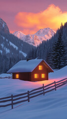 Fototapeta premium Cozy cabin in snow-covered mountains at sunset