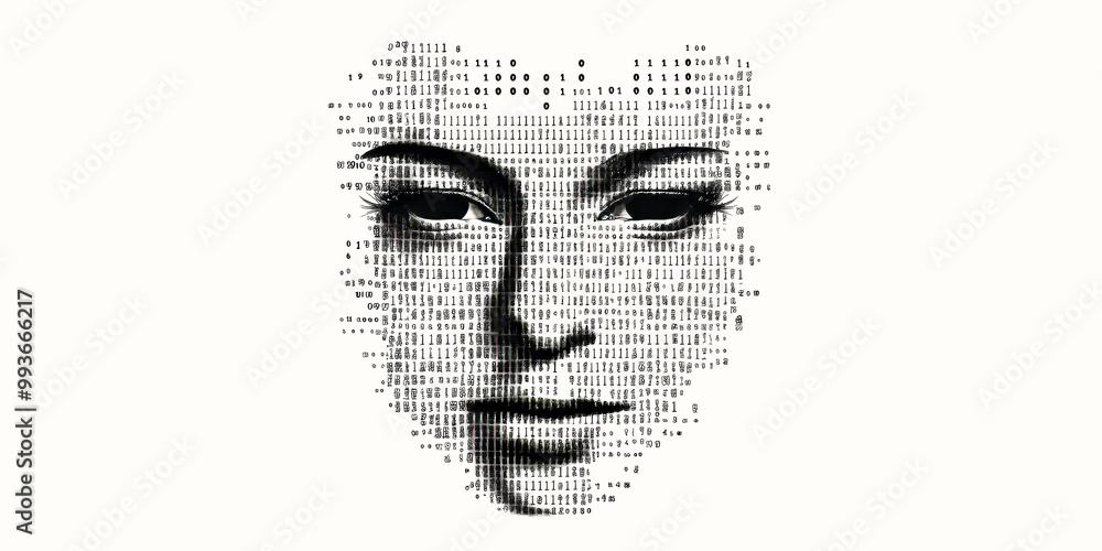 Poster face in a mask with binary code, drawn in simple lines and minimalist details.