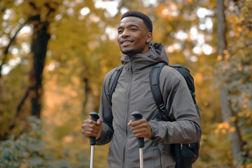 Obraz premium Close-up of a young man of African-American appearance, a man doing Nordic walking in an autumn park. Healthy lifestyle and fitness concept. Advertising banner.