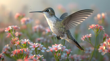 Fototapeta premium Hummingbird Hovering with Wings Spread Wide, Surrounded by Pink Flowers, with Copy Space
