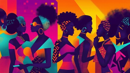 Colorful artwork depicting stylish women interacting in a vibrant urban setting at dusk