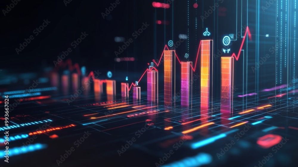 Aufkleber a 3d bar chart with each bar representing different market sectors, set against a dark gradient back