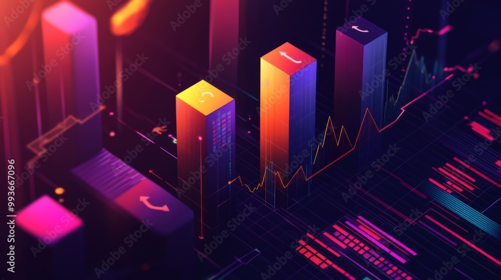 Poster a 3d bar chart with each bar representing different market sectors, set against a dark gradient back
