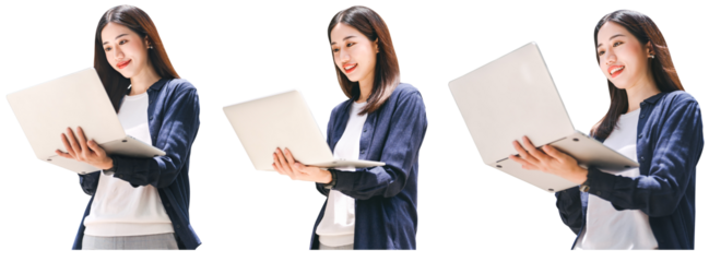 Adult asian business woman using laptop isolated cutout transparent background