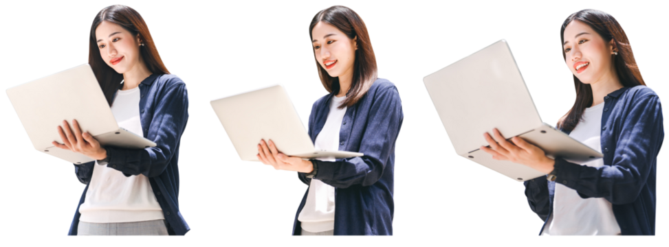 Adult asian business woman using laptop isolated cutout transparent background