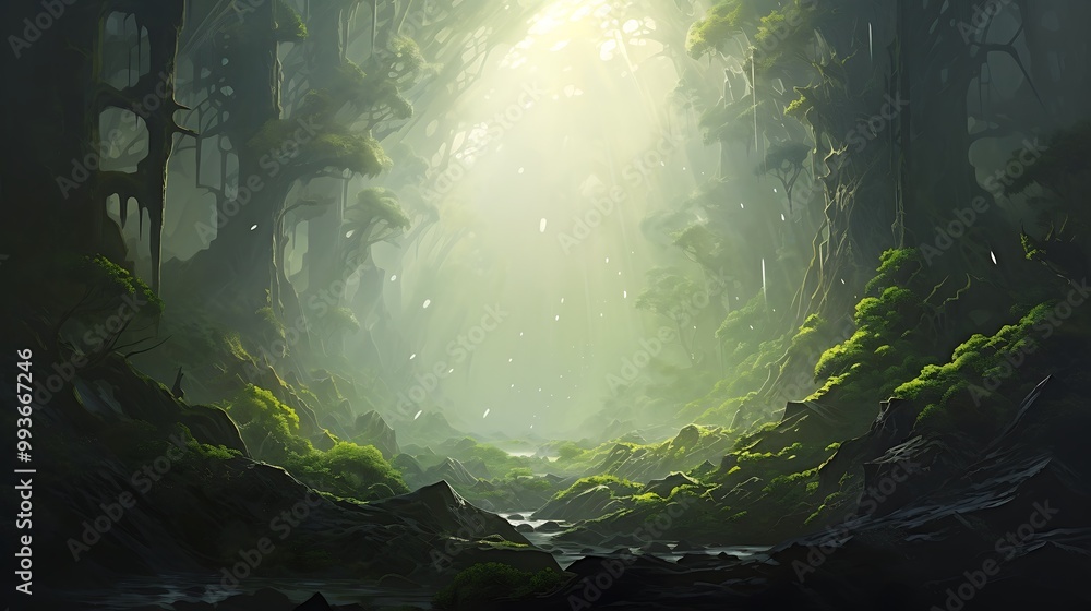 Poster a mystical forest clearing with a stream running through it, bathed in warm sunlight.