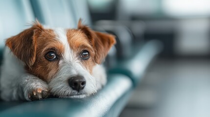 A dog with white and brown fur rests thoughtfully in a waiting area, its expressive eyes revealing a sense of longing and contemplation, wearing a collar on its neck.