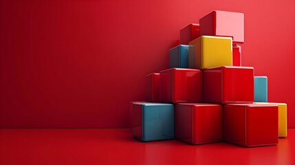 Obraz premium Red, Yellow, and Blue Cubes Stacked on Red Background with Copy Space