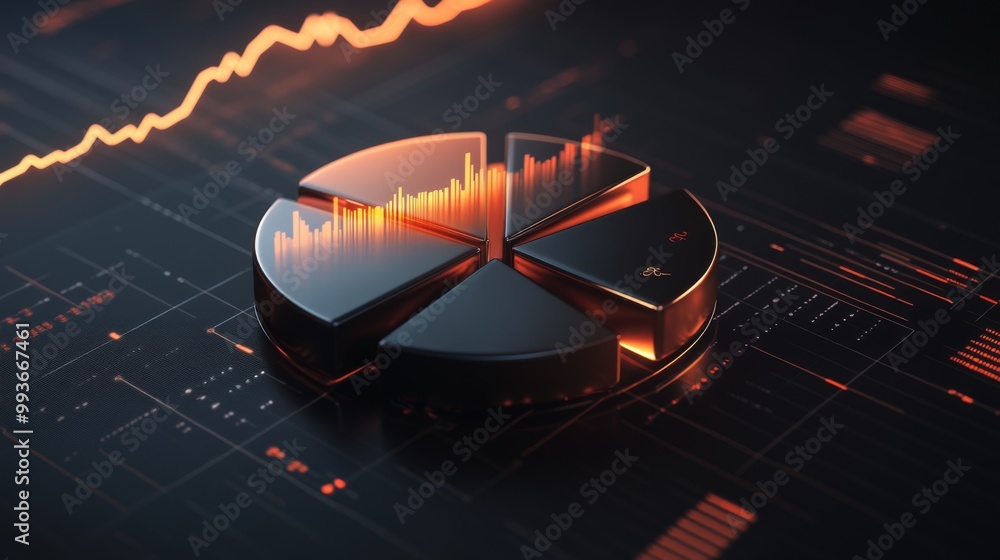 Leinwandbilder a 3d pie chart with metallic, glossy segments representing financial growth, floating in front of a 