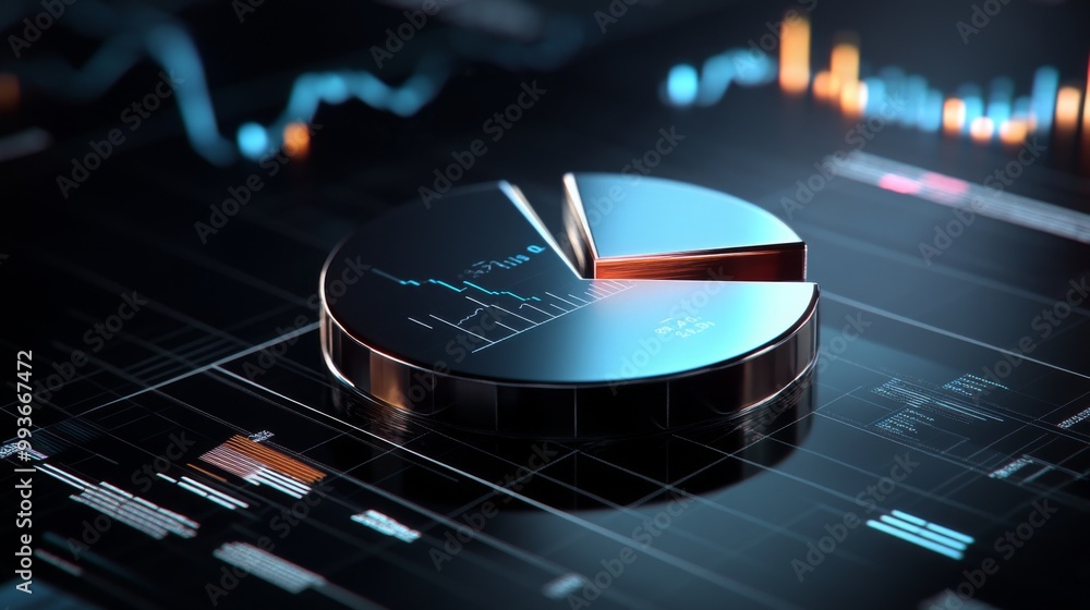 Poster a 3d pie chart with metallic, glossy segments representing financial growth, floating in front of a 