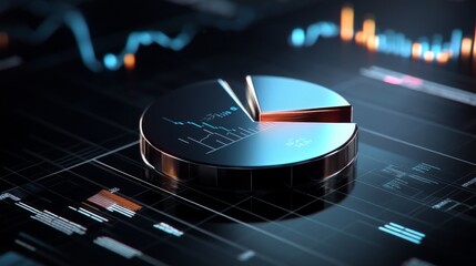 A 3D pie chart with metallic, glossy segments representing financial growth, floating in front of a sleek, black background with lines and data points around it.