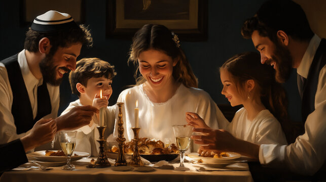 Jewish family sit at the table full of food and celebrate Sabbath