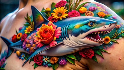 Vibrant Floral Shark Tattoo Design with Colorful Flowers and Intricate Details for Body Art Inspiration