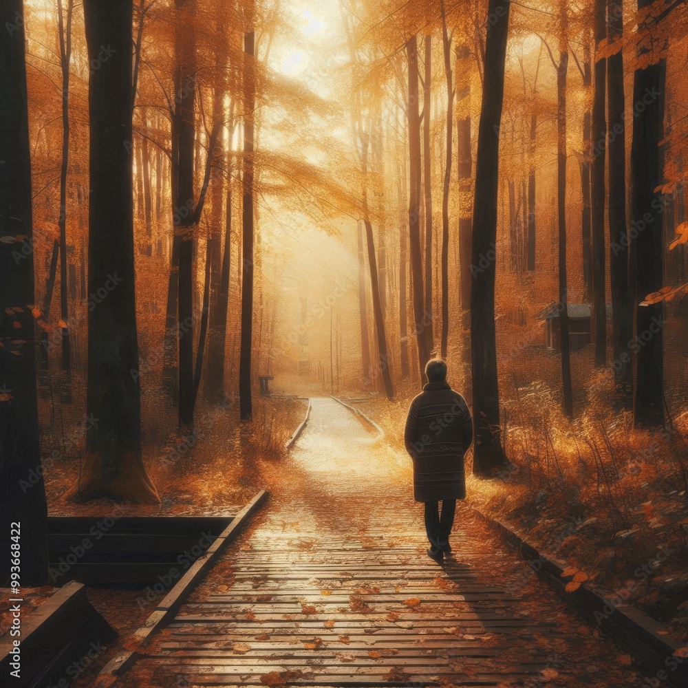 Poster a lone figure walks along a path in a peaceful forest, bathed in warm autumn light. the golden leave