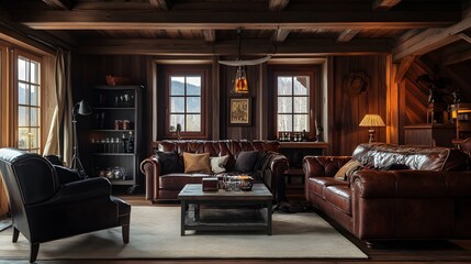 A cozy living room with leather furniture, a wooden ceiling and large windows.