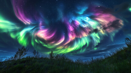 The Aurora Borealis (Northern Lights) and Aurora Australis (Southern Lights) dance across the night sky.  Their vibrant colors, like green, blue, pink, and purple, create swirling patterns of light.