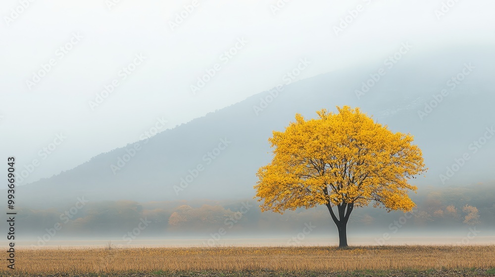 Poster single yellow tree in a field, with fog enveloping the distant mountains, creating a serene and mist