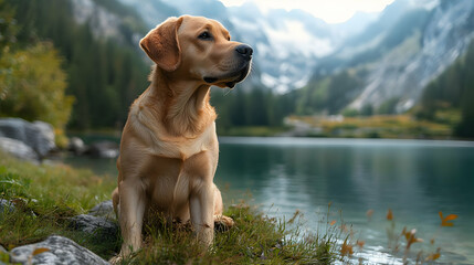 Golden Retriever Sitting by a Lake with Mountains in the Background - Photo