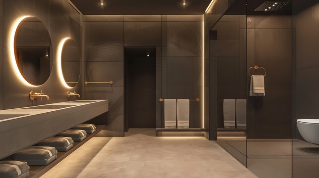 Modern restroom featuring slimmer lighting mirrors and towels